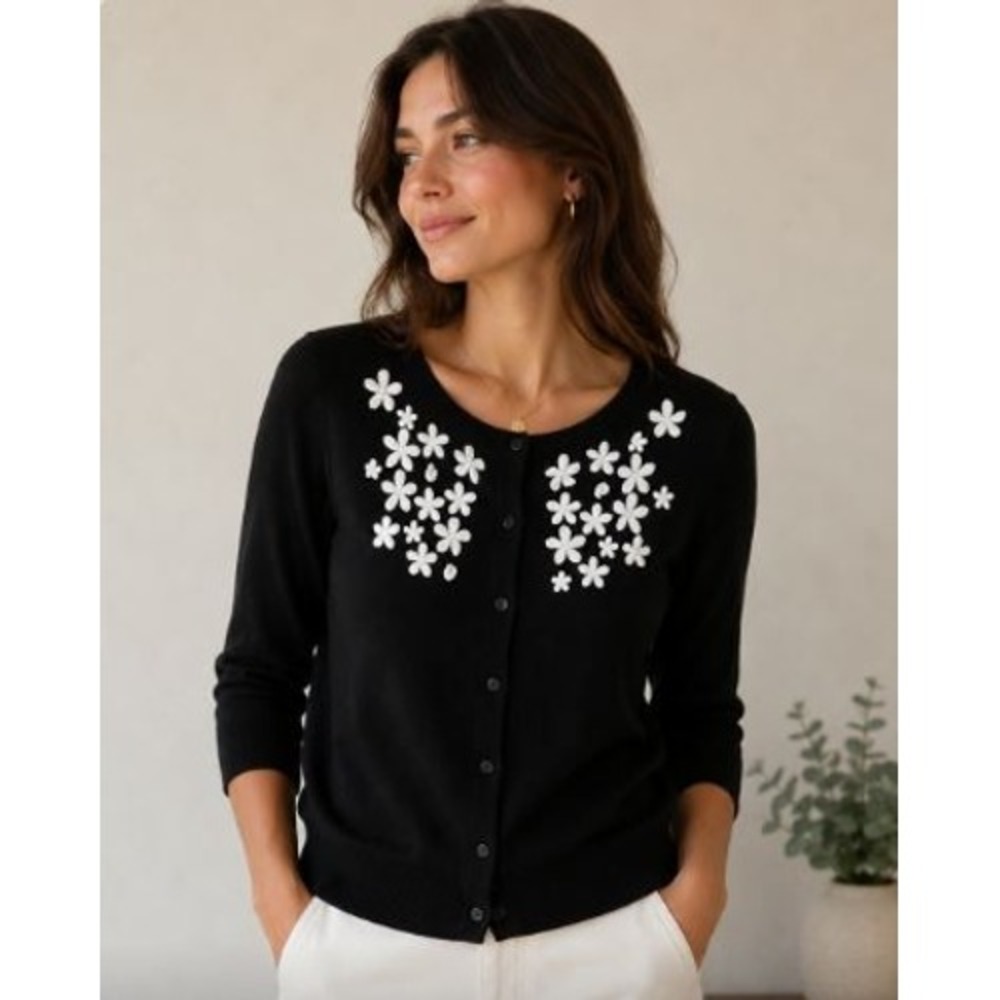 Black Cardigan Sweater LP Floral Embroidered Coquette Cottage Preppy Office Chic